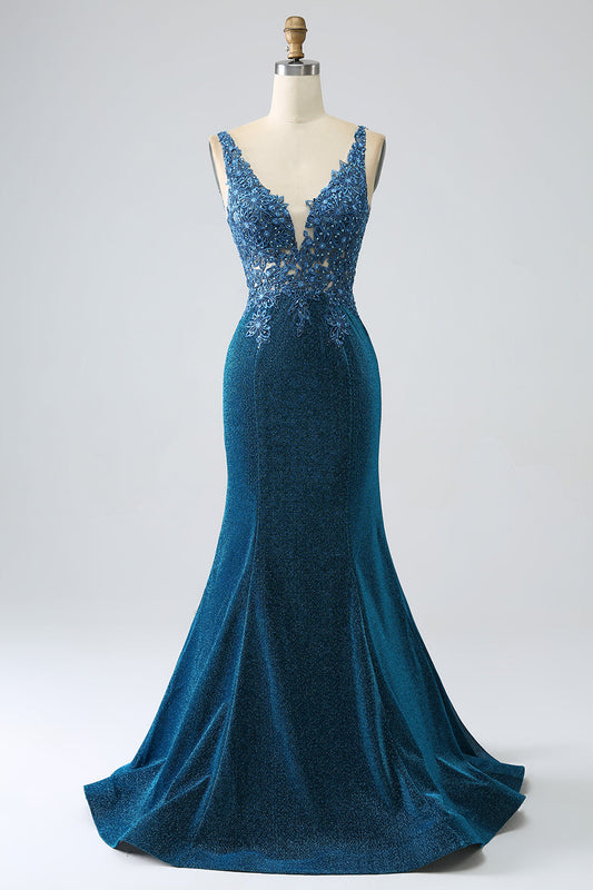 Glitter Dark Blue Mermaid Prom Dress with Beading