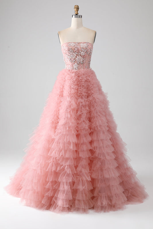 Blush A-Line Strapless Beaded Tiered Long Prom Dress