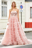 A-Line Strapless Beaded Blush Tiered Long Prom Dress