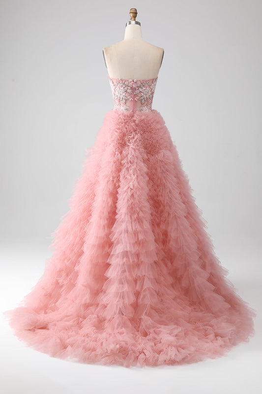 Blush A-Line Strapless Beaded Tiered Long Prom Dress