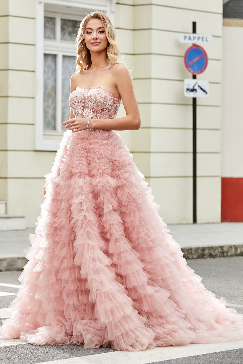 A-Line Strapless Beaded Blush Tiered Long Prom Dress