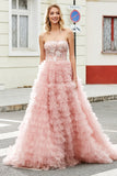 A-Line Strapless Beaded Blush Tiered Long Prom Dress