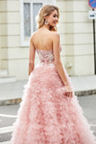 A-Line Strapless Beaded Blush Tiered Long Prom Dress