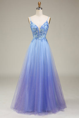 Spakly Blue Tulle Prom Dress with Appliques