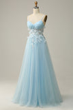 Sky Blue Spaghetti Straps A Line Tulle Long Prom Dress