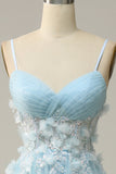 Sky Blue Spaghetti Straps A Line Tulle Long Prom Dress