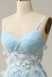 Sky Blue Spaghetti Straps A Line Tulle Long Prom Dress