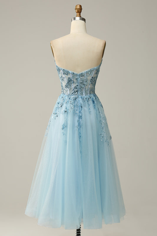 Sky Blue Sweetheart Slit Corset Tulle Prom Dress