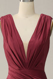 Burgundy Deep V neck Ruched Prom Dress