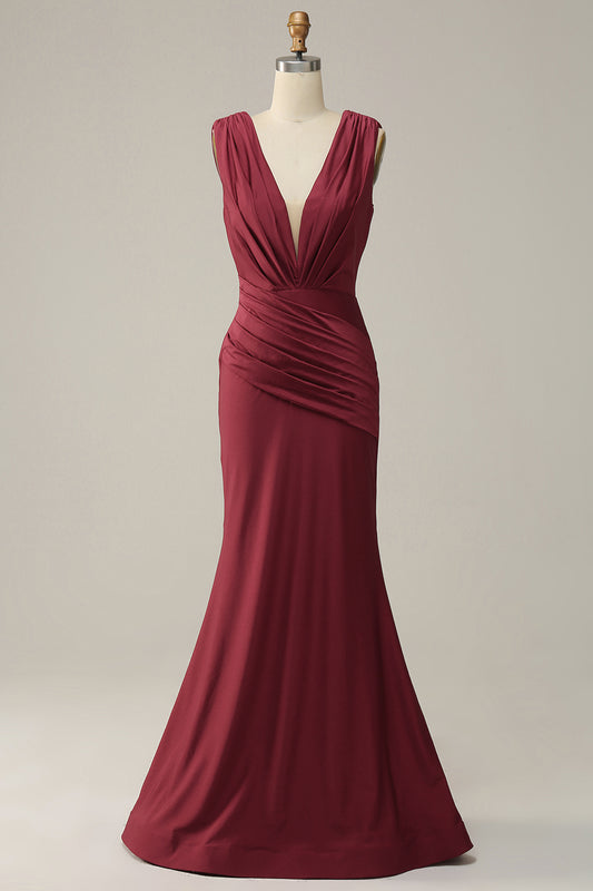 Burgundy Deep V neck Ruched Prom Dress