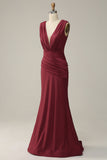 Burgundy Deep V neck Ruched Prom Dress