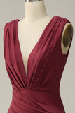 Burgundy Deep V neck Ruched Prom Dress