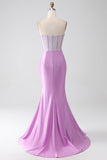 Lilac Mermaid Strapless Corset Prom Dress with Slit