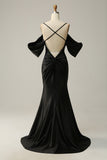 Black Cold Shoulder Mermaid Satin Prom Dress