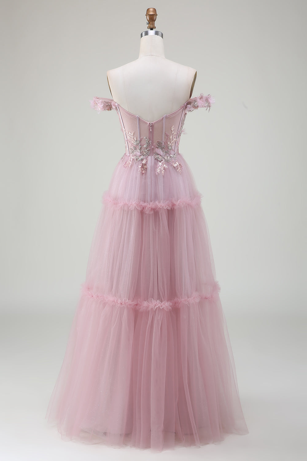 Off the Shoulder Tulle Pink Prom Dress with Appliques