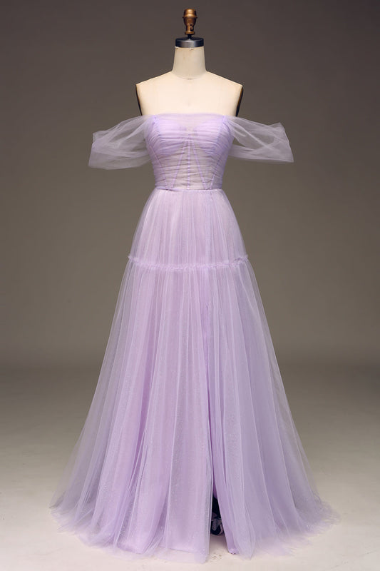 Lilac Off the Shoulder A Line Tulle Princess Prom Dress With Slit