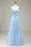 Sparkly Light Blue A-Line Tulle Prom Dress With Appliques