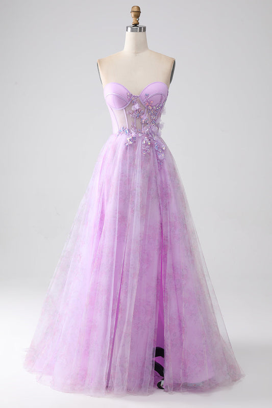 Lavender Printed Strapless Corset Prom Dress with Beading