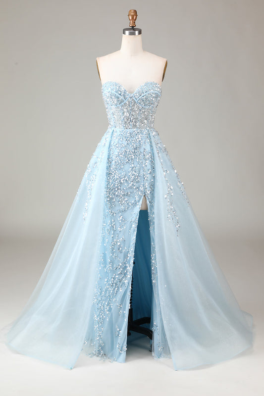 Corset Blue Strapless A Line Prom Dress with Slit