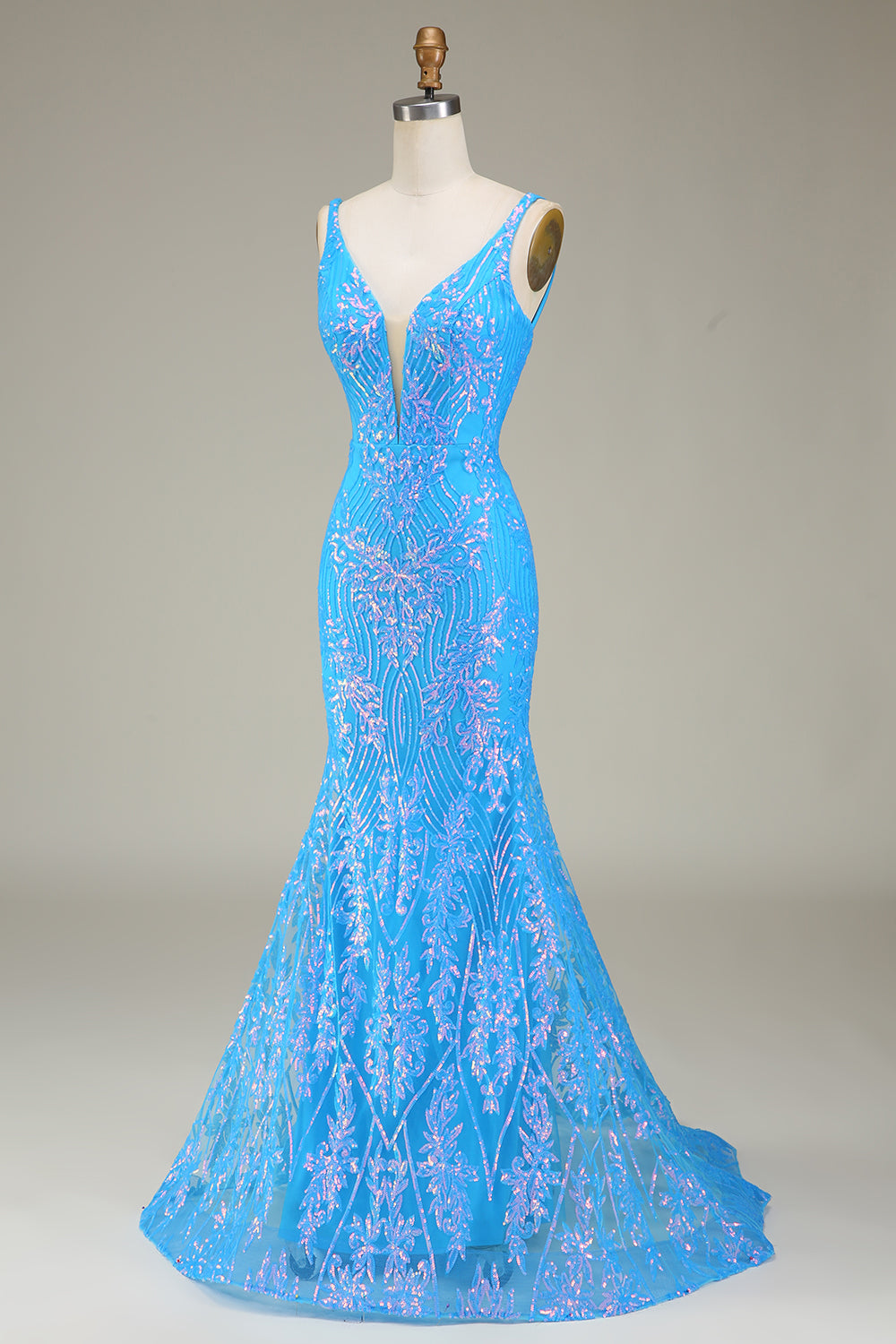 Zapakasa Women Sparkly Blue Deep V Neck Mermaid Prom Dress 4947