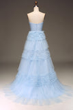 Tulle Light Blue Tiered Prom Dress with Slit