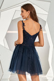 Navy Backless Short Cocktail Dress with Appliques