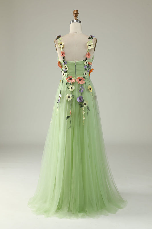 Flower A-Line Green Prom Dress