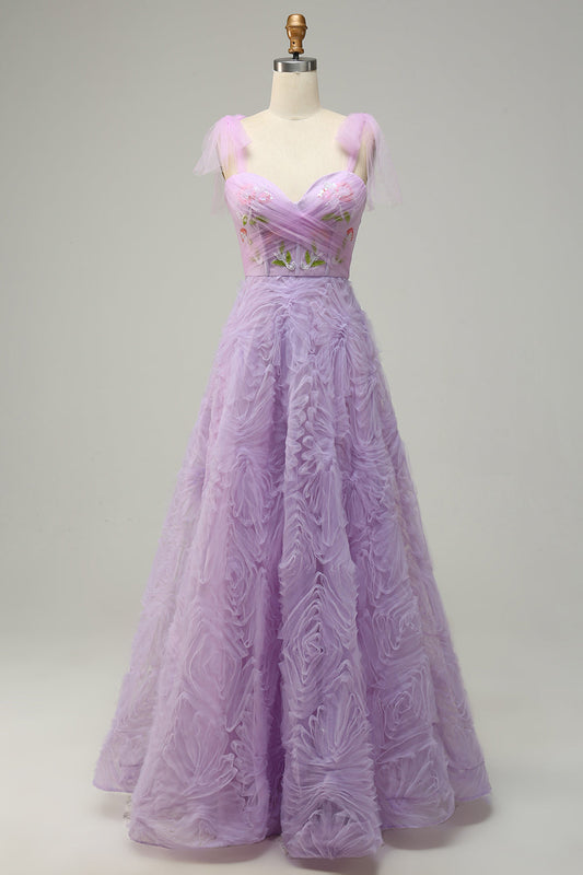 A-Line Purple Tulle Prom Dress With Embroidery