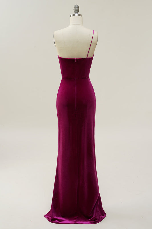 One Shoulder Velvet Prom Dress with Slit