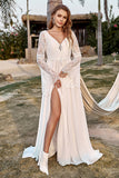 Ivory Lace Chiffon Trumpet Sleeve Boho Wedding Dress