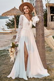 Ivory Lace Chiffon Trumpet Sleeve Boho Wedding Dress