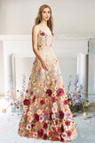 A-Line Flower Blossom Straps Floral Prom Dresses