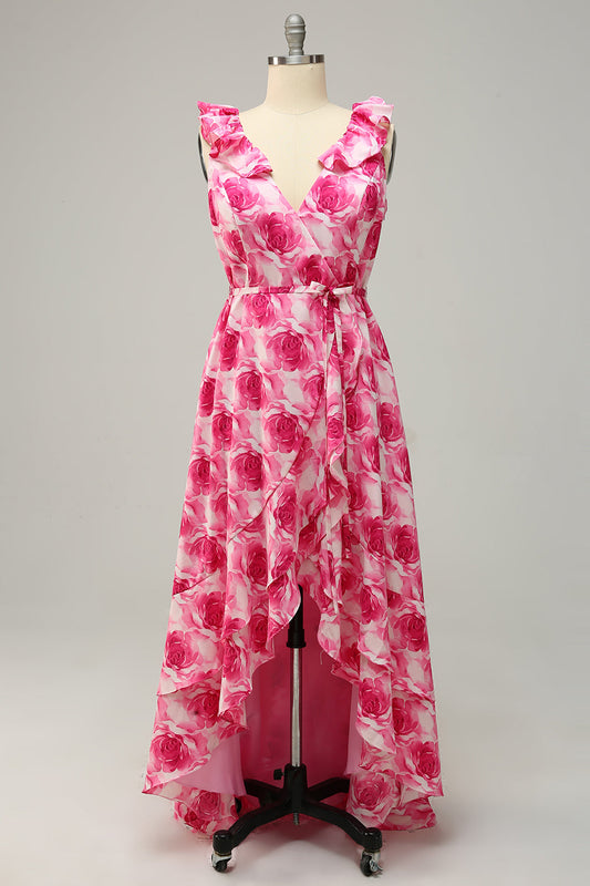 Plus Size High Low Pink Flower Printed Bridesmaid Dress with Ruffles