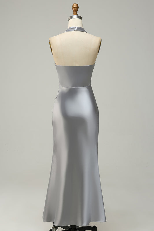 Silver Halter Neck Satin Long Bridesmaid Dress