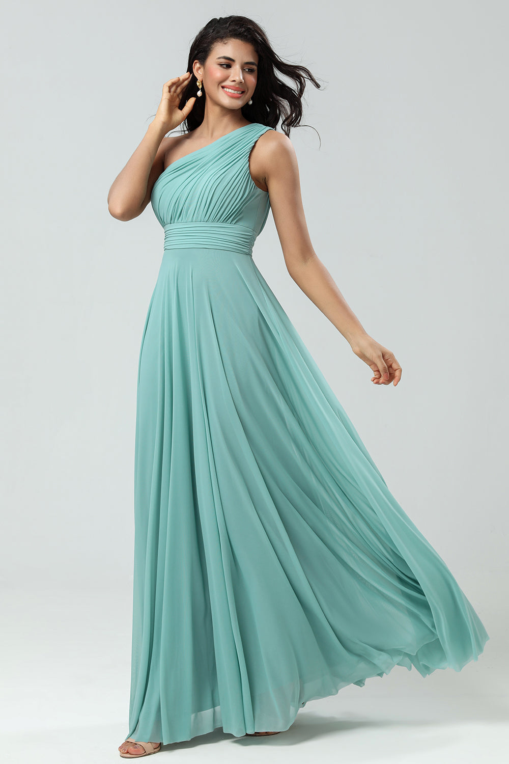 Stunning A Line One Shoulder Sea Glass Long Bridesmaid Dress with Ruched