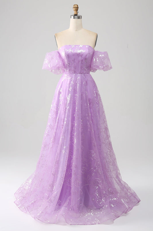 Lilac A Line Strapless Sparkly Sequin Long Prom Dress