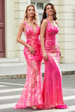 Sparkly Mermaid Deep V Neck Fuchsia Sequins Long Prom Dress with Appliques