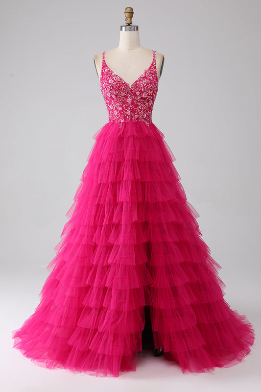 Fuchsia Princess A-Line Spaghetti Straps Sequin Tiered Long Prom Dress with Slit