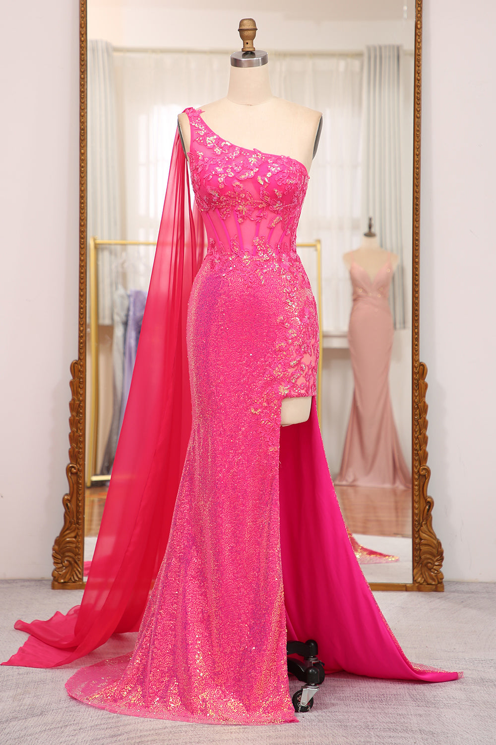 Yaretzi Hot Pink Mermaid Unique One Shoulder Sequins Prom Dress