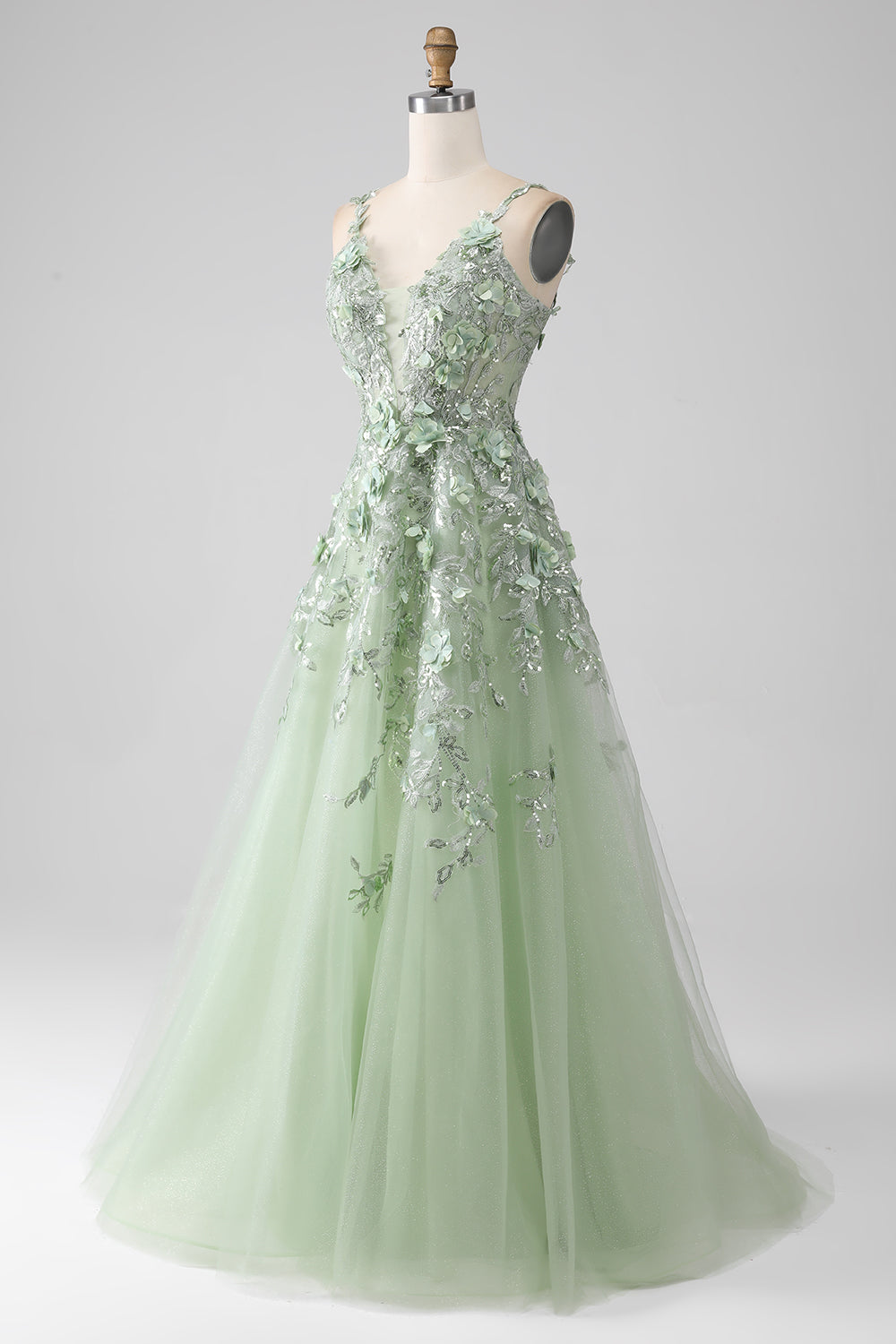 Sage A-Line Detachable Sleeves Long Corset Prom Dress with Flowers