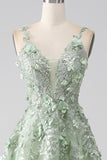 Sage A-Line Detachable Sleeves Long Corset Prom Dress with Flowers