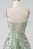 Sage A-Line Detachable Sleeves Long Corset Prom Dress with Flowers