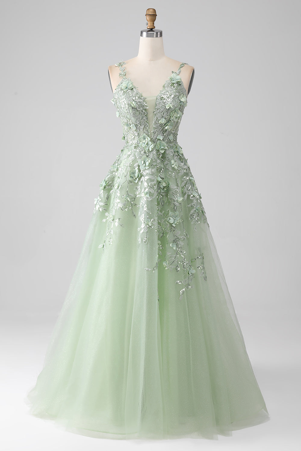 Sage A-Line Detachable Sleeves Long Corset Prom Dress with Flowers