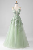 Sage A-Line Detachable Sleeves Long Corset Prom Dress with Flowers