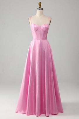 A-Line Spaghetti Straps Pink Prom Dress with Corset