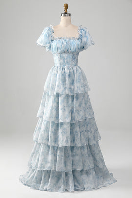 Organza Light Blue Tiered Prom Dress with Corset