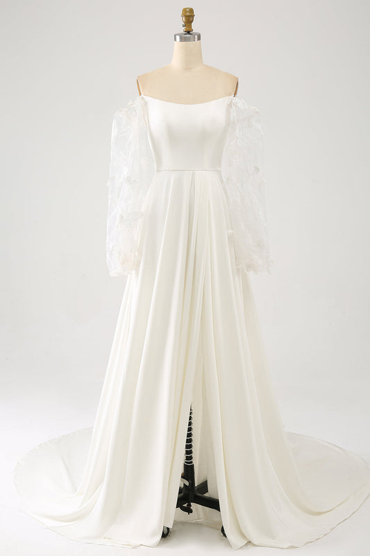 Ivory A Line Long Chiffon Wedding Dress With 3D Butterflies Long Sleeves