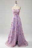 Mauve A-Line Spaghetti Straps Long Prom Dress with Appliques