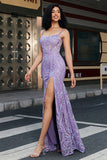 Stylish Mermaid Spaghetti Straps Lilac Long Prom Dress with Slit