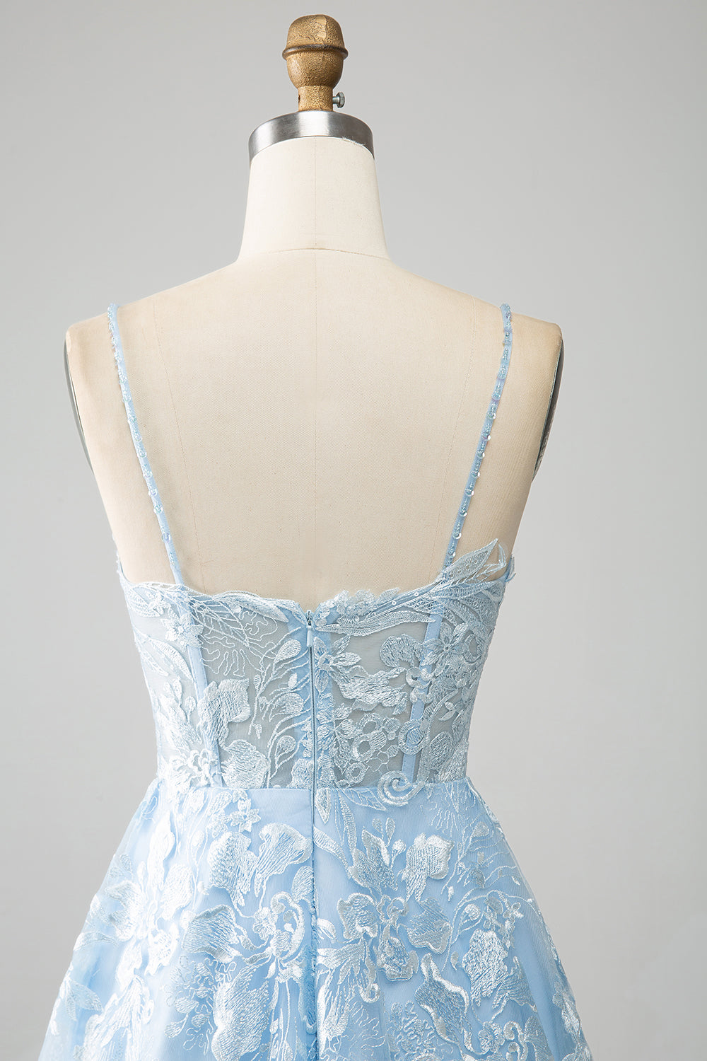 Sky Blue A-Line Spaghetti Straps Lace Long Corset Prom Dress